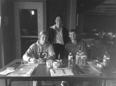 UW-River Falls students Tyler Wolfe, Christian Rhinevault and Ty Pratumwon sit at the Blood Drive information desk. The UWRF Blood Drive took place in the University Center Falcon’s Nest between Oct. 21-23.