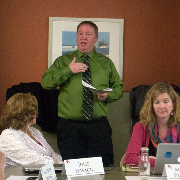 Dean of the College of Arts and Sciences Brad Caskey speaks about budget management at the Faculty Senate meeting Wednesday, March 23, in the University Center.