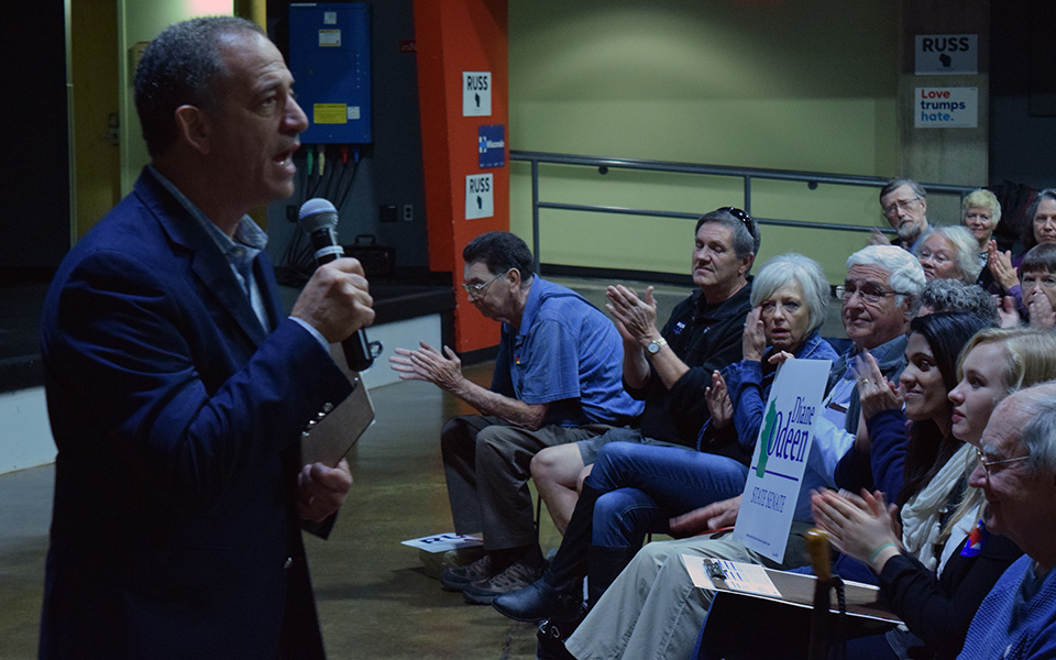U.S. Senate candidate Russ Feingold addresses a crowd in the Falcon’s Nest.