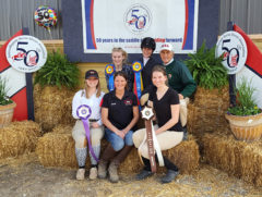 Juliann Tetschlag, Alaina Kelly, Jennifer Michel, Carli Boston-Denton and Coach Rachael Walker pose with IHSA founder Bob Cacchione at the Zone 7 competition.