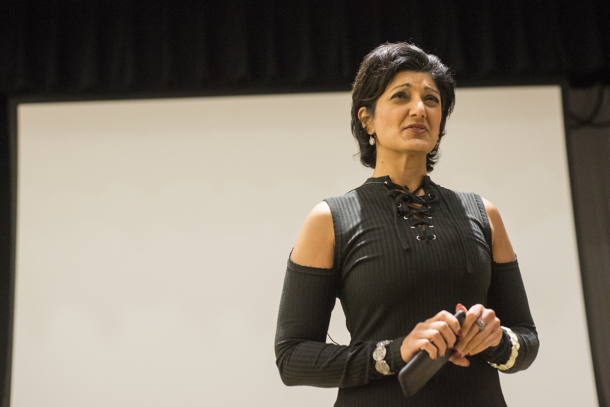 KSTP investigative journalist, Farrah Fazal speaks during the communication and media seminar titled, ‘Shining a light into the shadows,” which was sponsored by the Communication and Media Studies Department at UW-River Falls, Thursday, Oct. 11, 2017. Photo by Tori Schneider/Student Voice