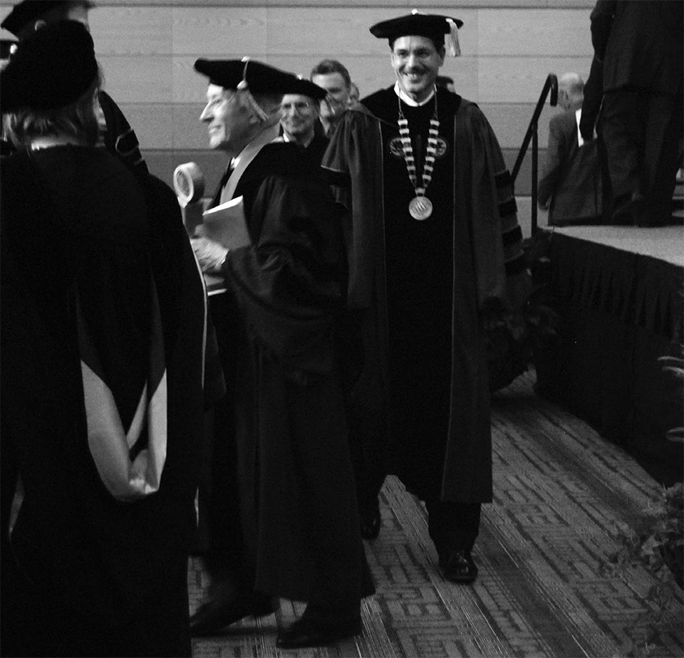 Although he became chancellor in 2009, Dean van Galen's inauguration did not take place until the spring of 2010. Here, van Galen (right) walks in the ceremony procession. (Sally King / Student Voice)